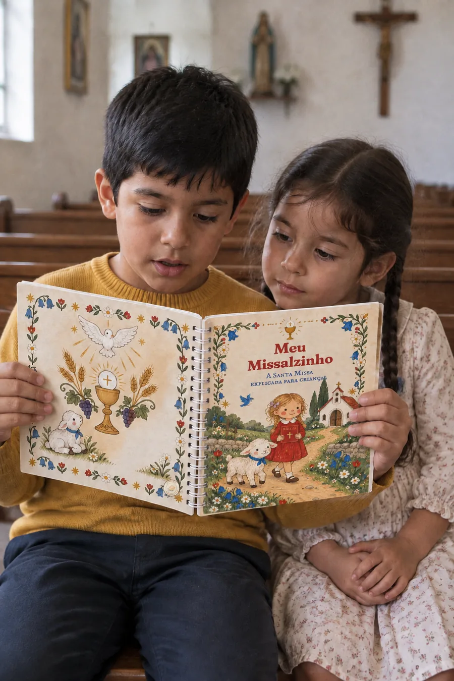 Um menino e uma menina sentados no banco da igreja leem juntos o Missalzinho impresso; de fora se vê a capa com a menina e o Bento e a contracapa com a pomba do Espírito Santo sobre o cálice com a Hóstia