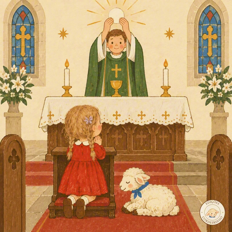 O padre, atrás do altar e de frente para o povo, eleva a Hóstia; a menina ajoelhada olha para cima
