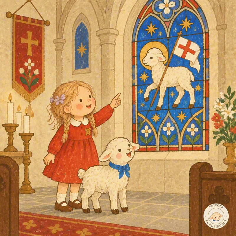 A menina e o cordeirinho Bento olham um vitral com o Cordeiro de Deus