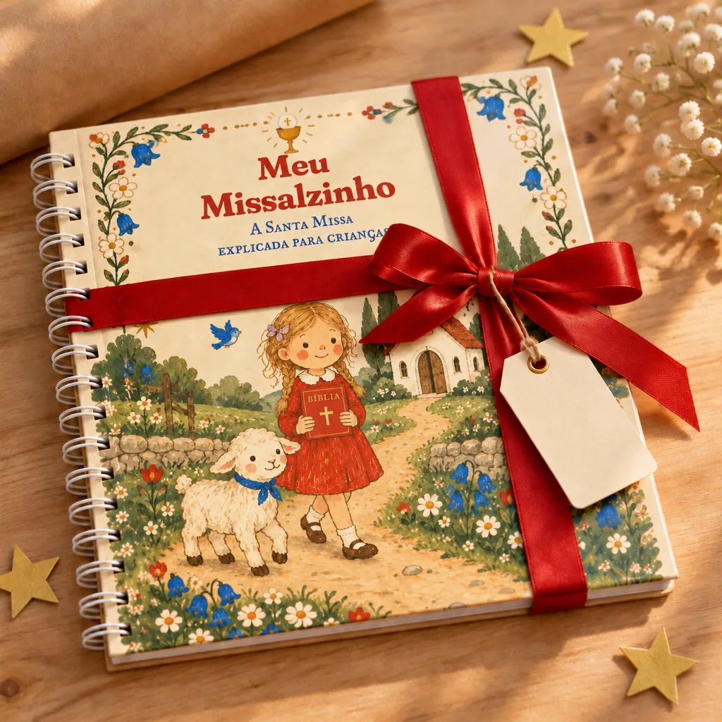 O Missalzinho impresso amarrado com fita vermelha e etiqueta de presente